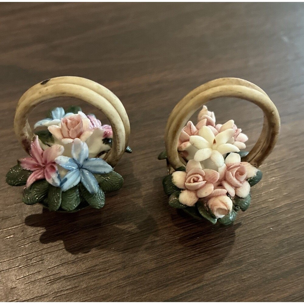 VTG Capodimonte Porcelain Pink & Blue Floral Miniature Baskets Handmade